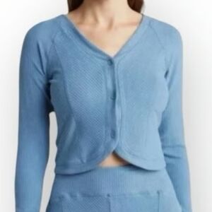 Area Stars Blue Ribbed Boyfriend Button Front Crop Top Cardigan Size Large NWT